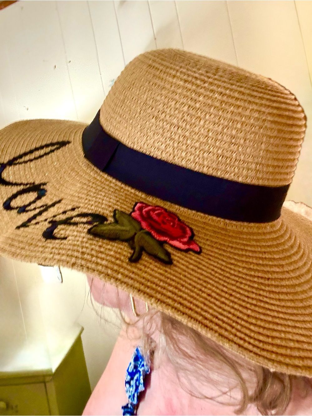 Wide Brim Straw Sun Hat  Pink Rose Patch  Embroidered Stitching Love Black Band